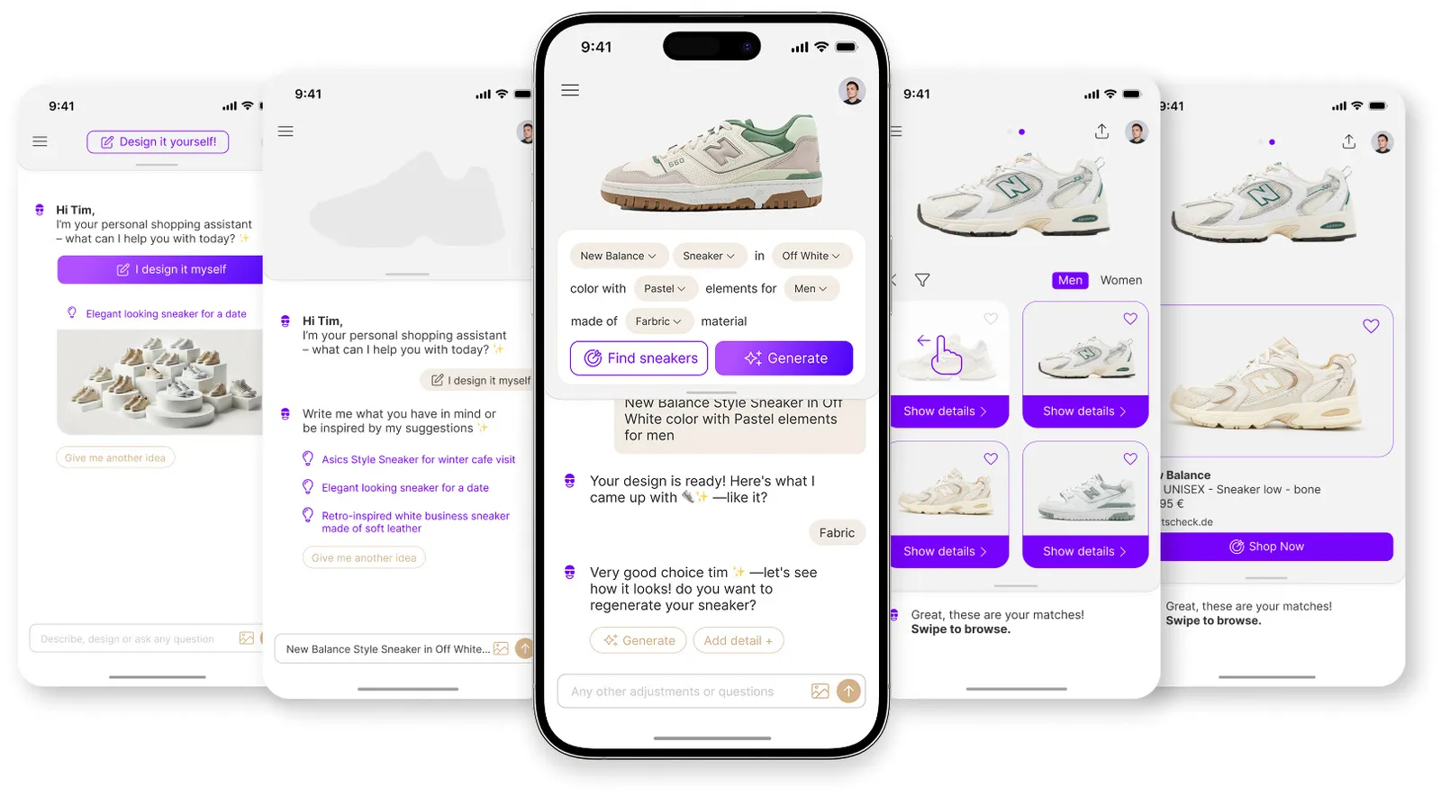 Smartphone screens of the Eidos app: chatting with the AI assistant, a generated sneaker design and matching products