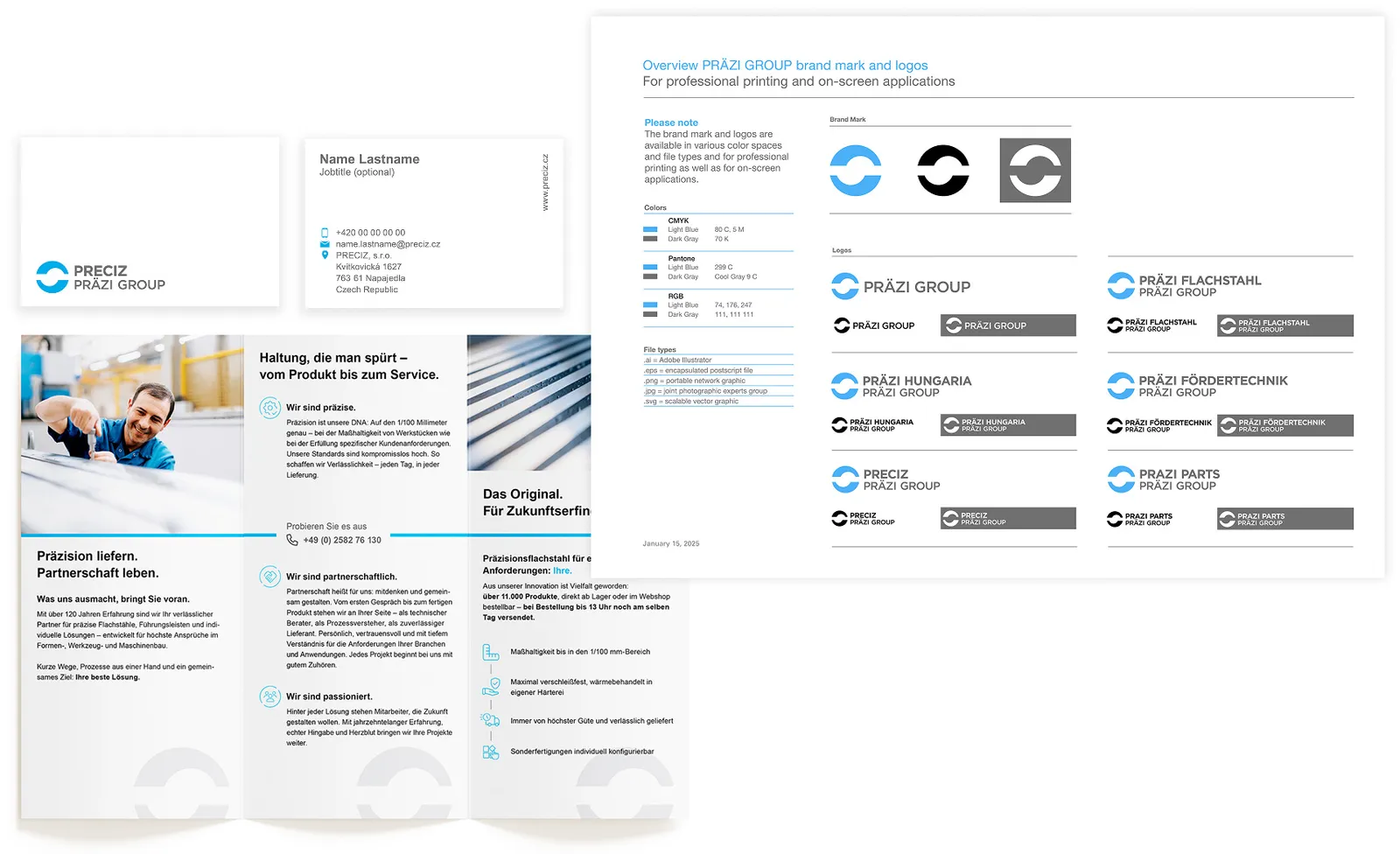 Corporate identity of the PRÄZI Group: business cards, brochure pages and logo overview