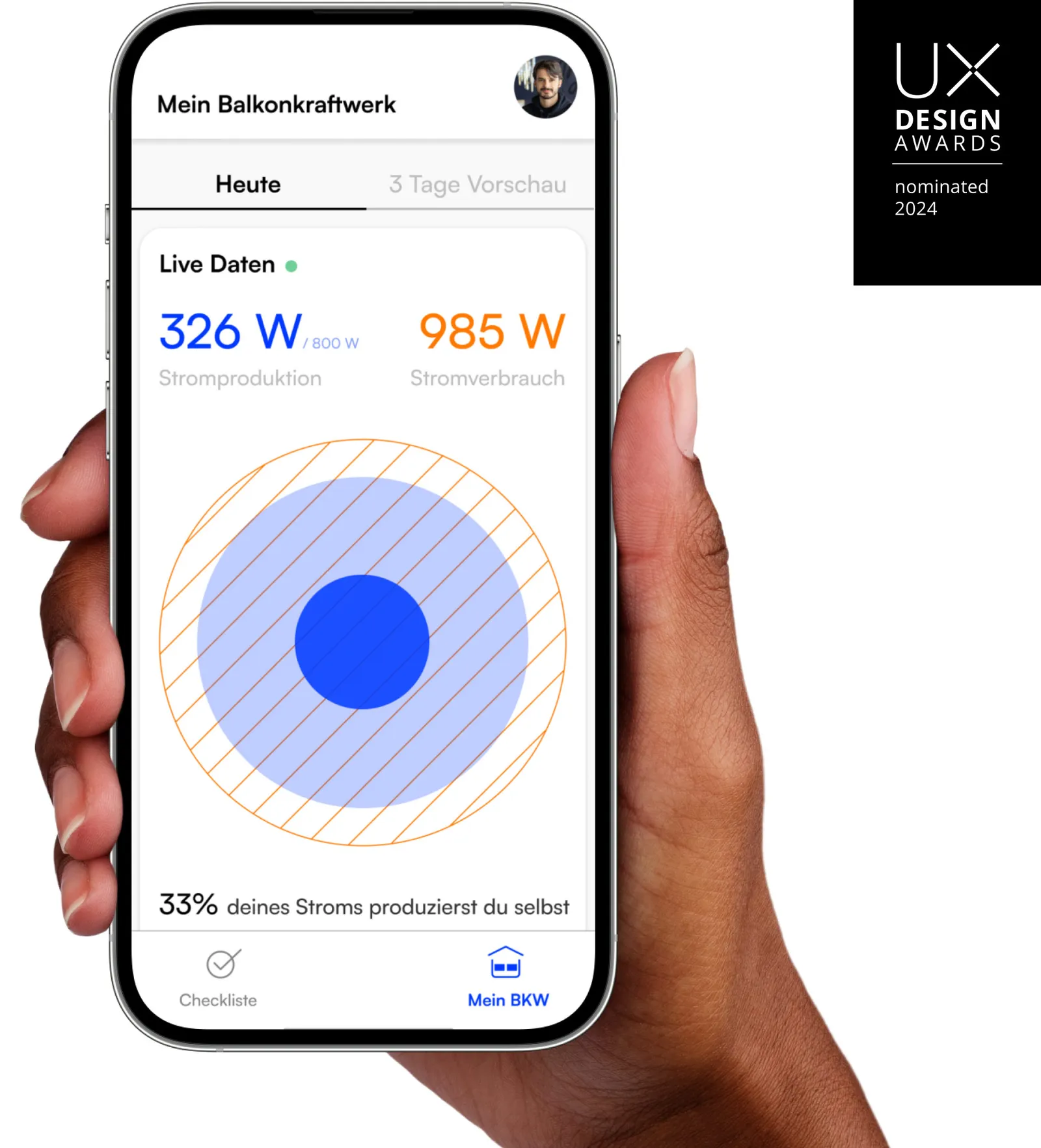 Hand holding a smartphone with the SimpleSolar app showing the current solar output in watts